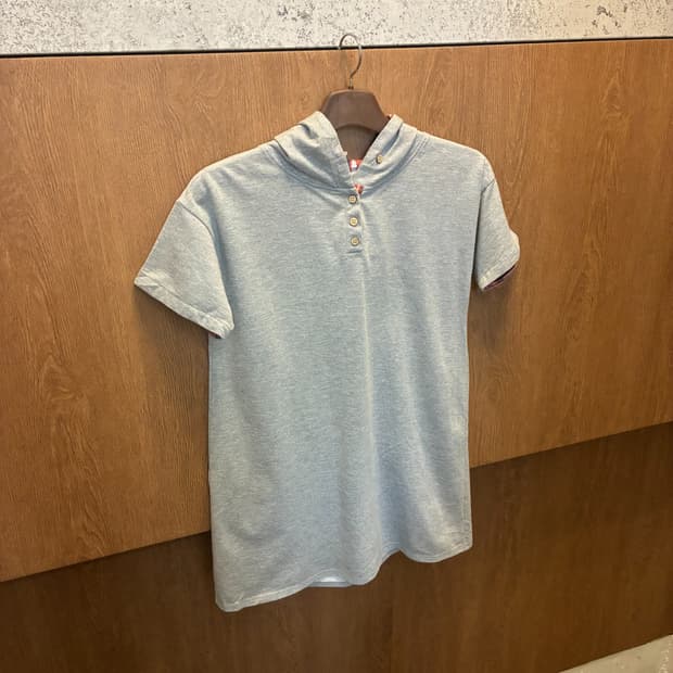 빈티지 반팔 후드 티셔츠 체크 패턴 디테일 그레이 k282