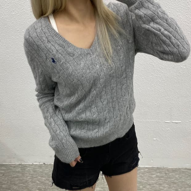 폴로 랄프로렌 네이비포니 그레이 꽈배기 브이니트 L