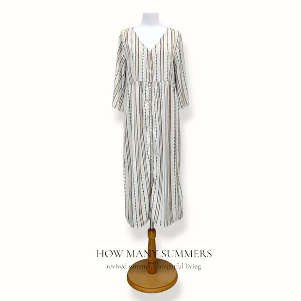 에스닉 스트라이프 롱 원피스 L 아이보리 브이넥 로브 7부