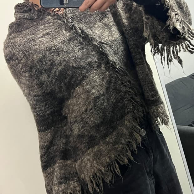 프린지 니트 후드 가디건 케이프st