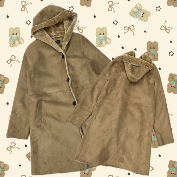 DOORS 베이지 미디 후드 코트 무스탕  그런지 오리엔탈 사와코 하구미