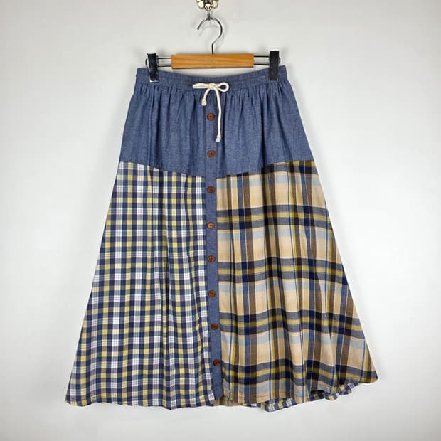 체크 패치워크 롱스커트