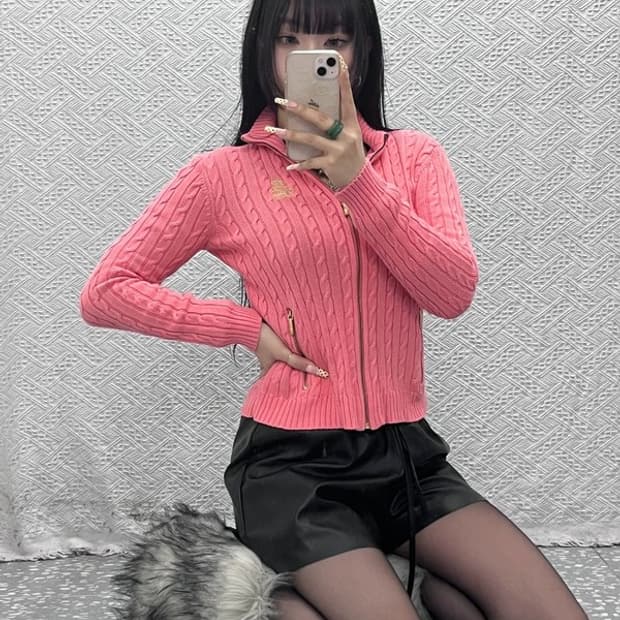 폴로 랄프로렌 Y2K 레트로 코랄 핑크 꽈배기 가디건 C09750