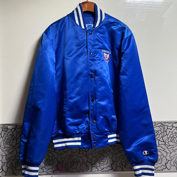 빈티지 80s 챔피온 블루 세틴 자켓