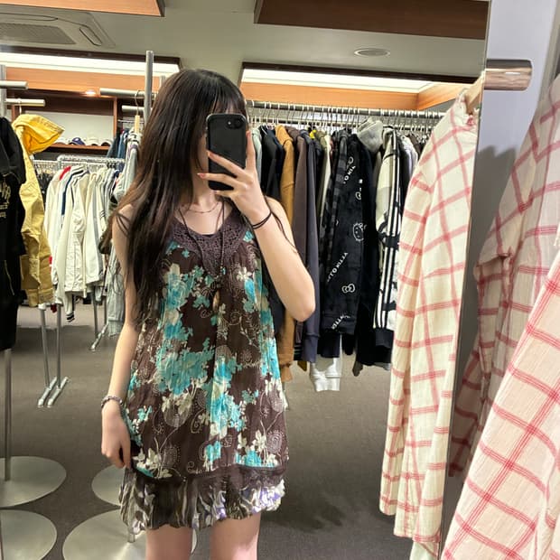 OS)Japanese vintage 여성 꽃무늬 시스루 슬리브리스