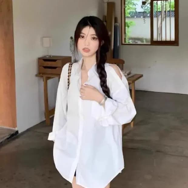 어깨트임박시셔츠오버핏블라우스오프숄더긱시크아방핏가오리홀터넥롱셔츠y2k핀터깔