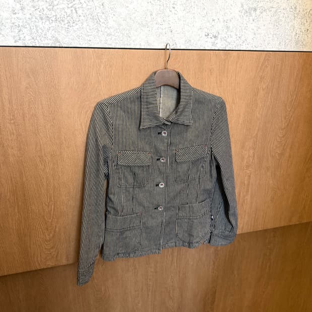 빈티지 데님 자켓 히코리 스트라이프 멀티 포켓 디테일 아이보리 블랙