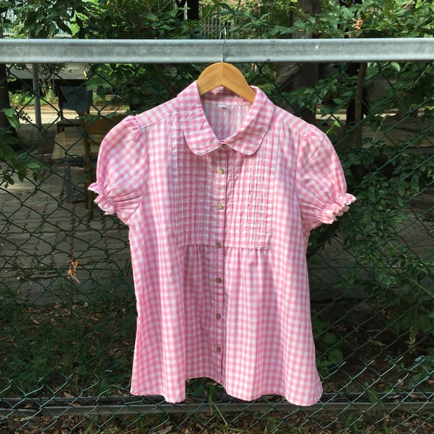 핑크 체크 홍콩 블라우스