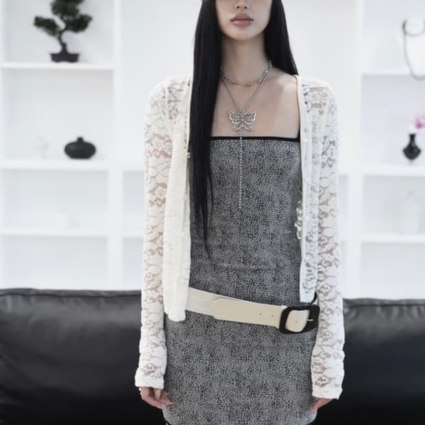 [Sepia] Flower unbal cardigan (Ivory)