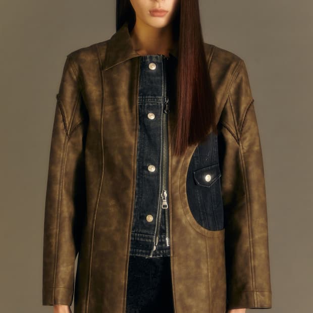 [M] 앤더슨벨 로우 컷 데님 트림 인조 가족 셔츠 (브라운)