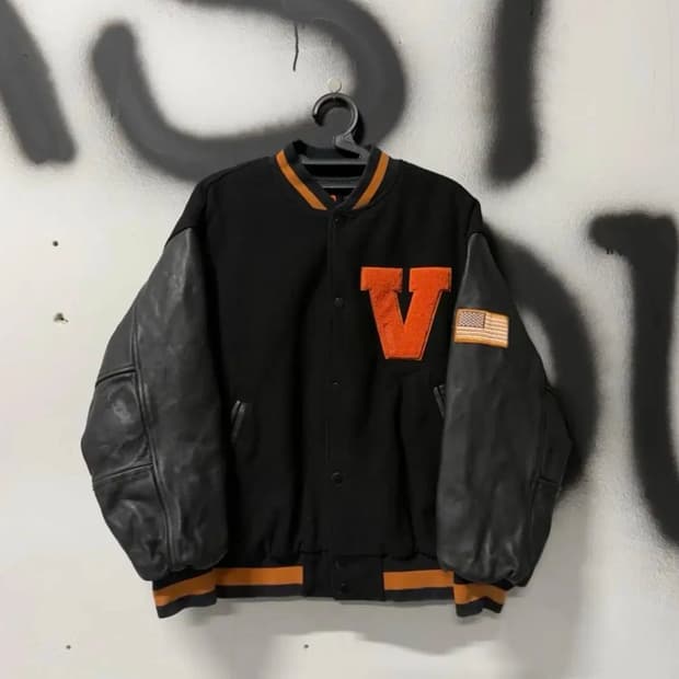 VTG 빈티지 울 & 카우레더 레더암 성조기 자수 패치 바시티 자켓