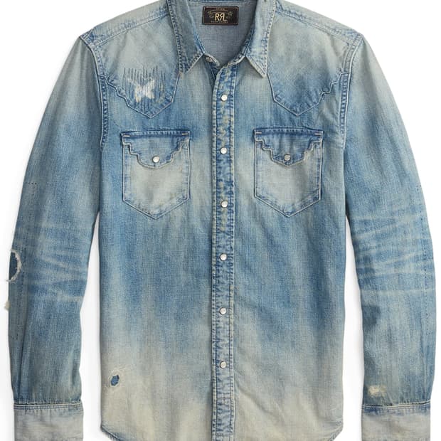 RRL 슬림핏 리페어 데님 웨스턴 셔츠