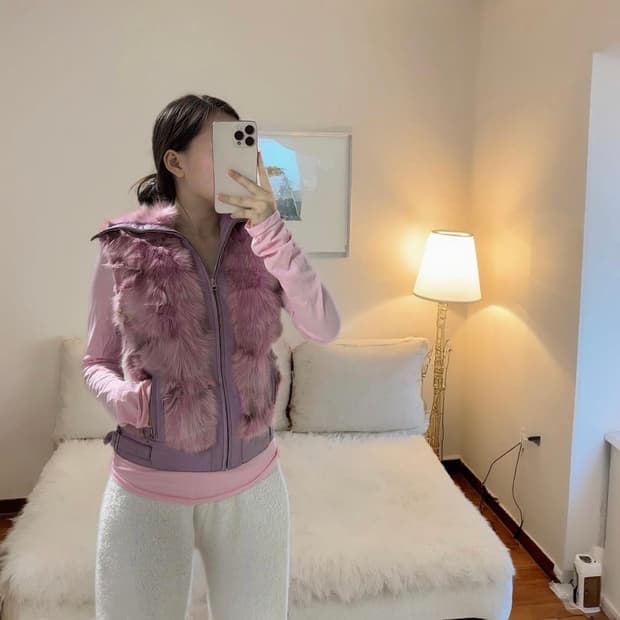 빈티지 퍼플 여우털 폭스퍼 양가죽 조끼 베스트