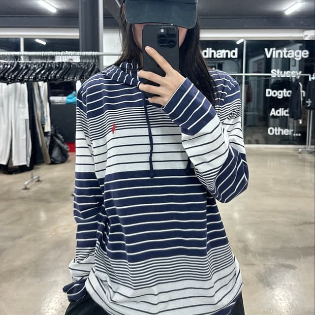 폴로 랄프로렌 네이비 스트라이프 버건디 로고 후드티