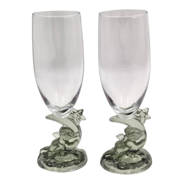 80s 이시즈카 유리 공예 천사&달 샴페인 잔 1p