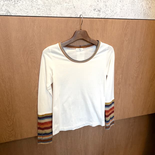 빈티지 코튼 긴팔 티셔츠 스트라이프 패턴 커프스 디테일 라운드넥 화이트