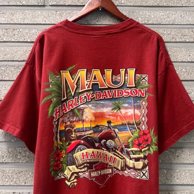 [L]할리 데이비슨 하와이 MAUI 비치 모터사이클 프린팅 티셔츠