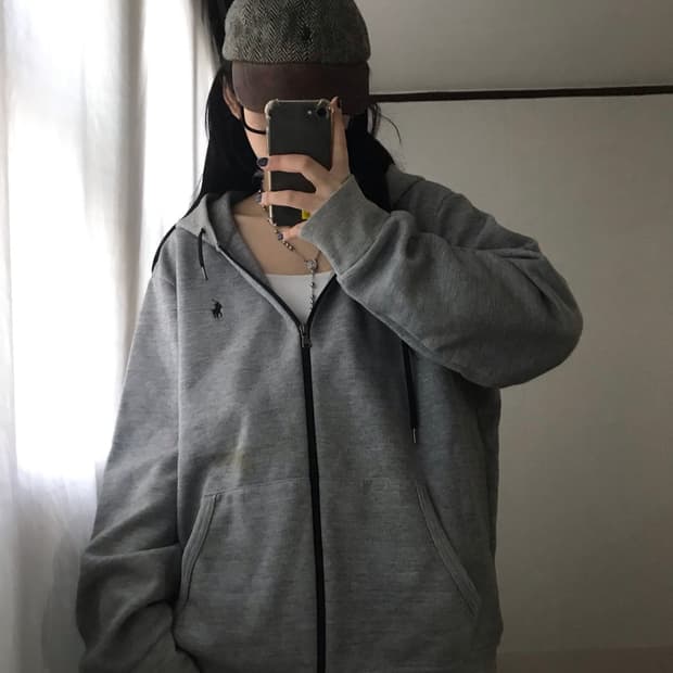 폴로 그레이 오버핏 후드집업