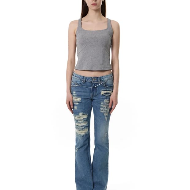 DESTROYED BOOT CUT JEANS / BLUE
