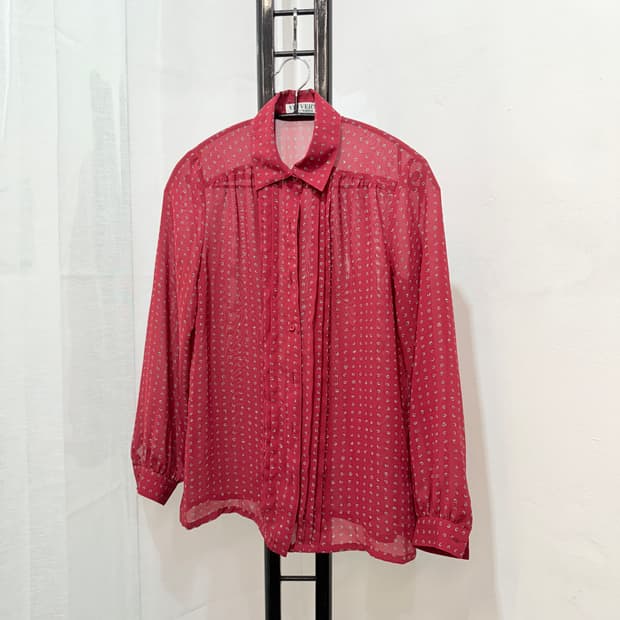 일본빈티지 플리츠 프린팅 와인긴팔블라우스 3516