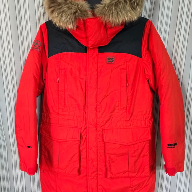 (95)코오롱스포츠 레드 퍼후드 패딩점퍼