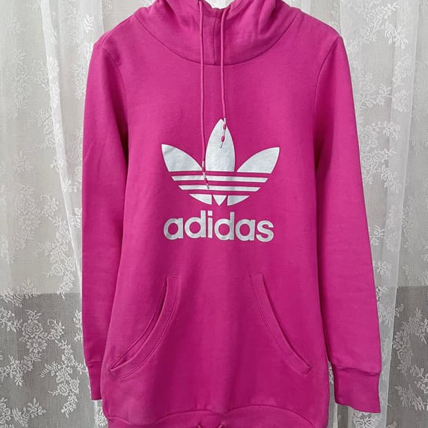 XS)아디다스 y2k 핑크 실버 롱 후디 기모 후드티