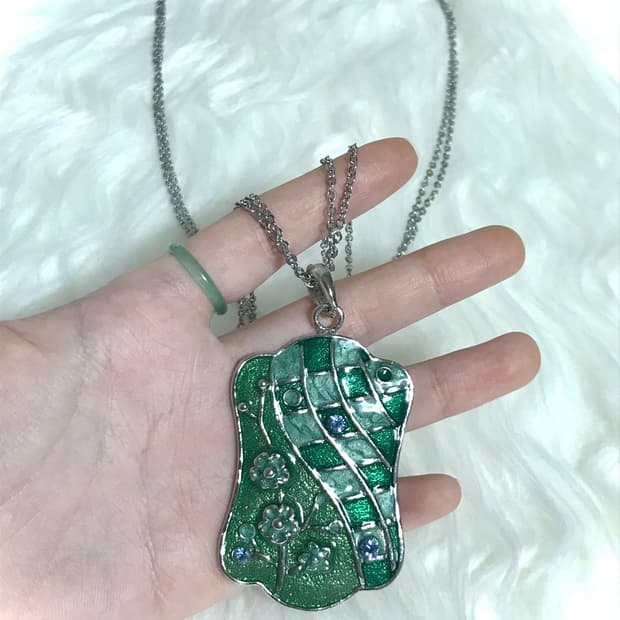 빈티지 모리걸 그린 롱 드롭 두줄 체인 목걸이