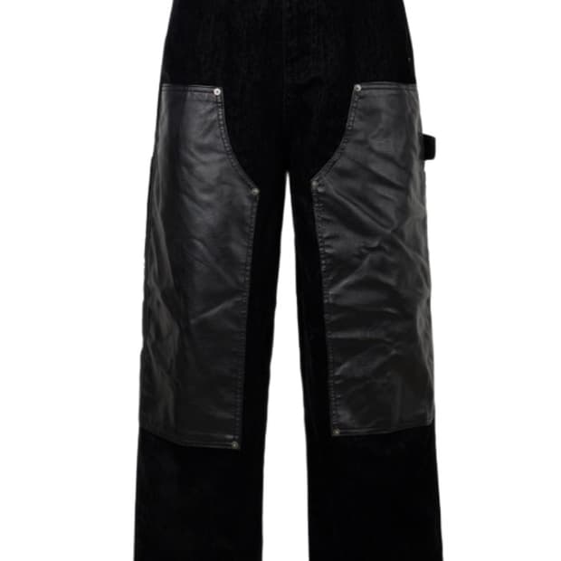 (2)에모스탠스클럽 벨벳 레더 패널 배기 카팬터 진 블랙