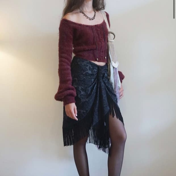 스컬프터 치마 Fringe Tie Skirt Black/Ice Blue