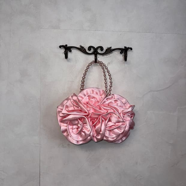 Baby pink satin rose pearl hand bag