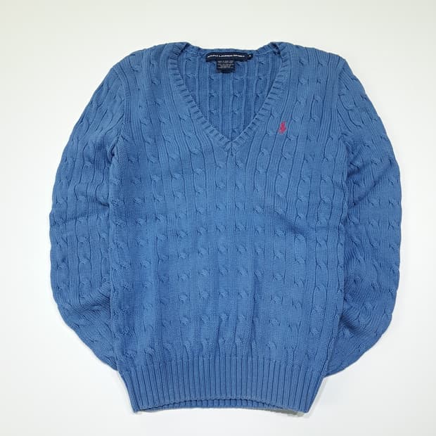CL381 M 폴로 90s 홍콩판 코튼 케이블브이넥 블루 니트스웨터