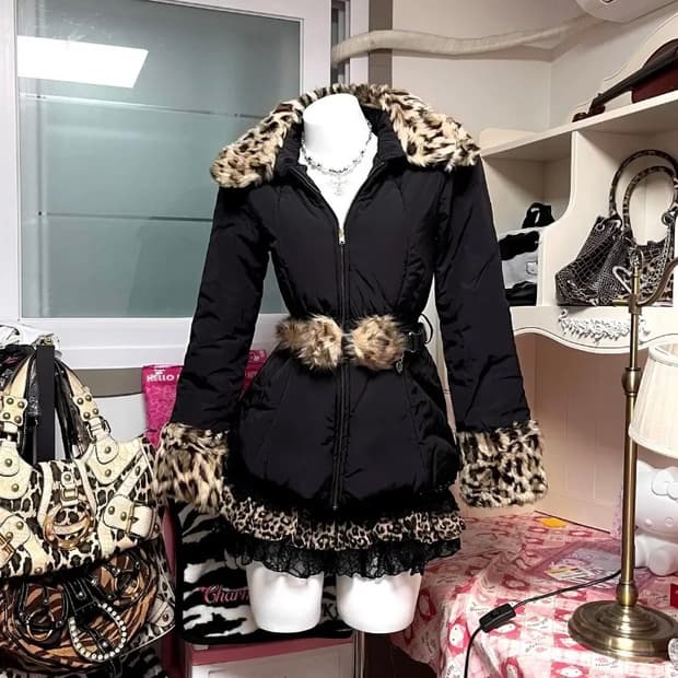 오네갸루 갸루 레오파드 퍼 리본 벨티드 블랙 패딩 세트 일브