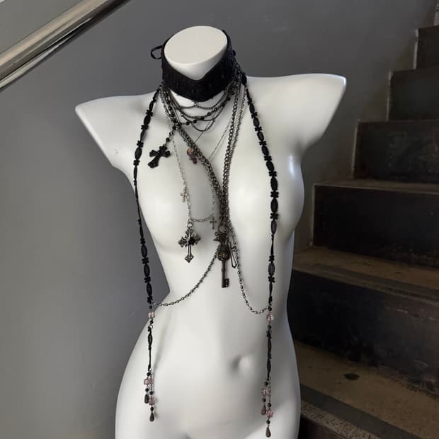 오즈온 레이어드 디테일 체인&레이스 목걸이