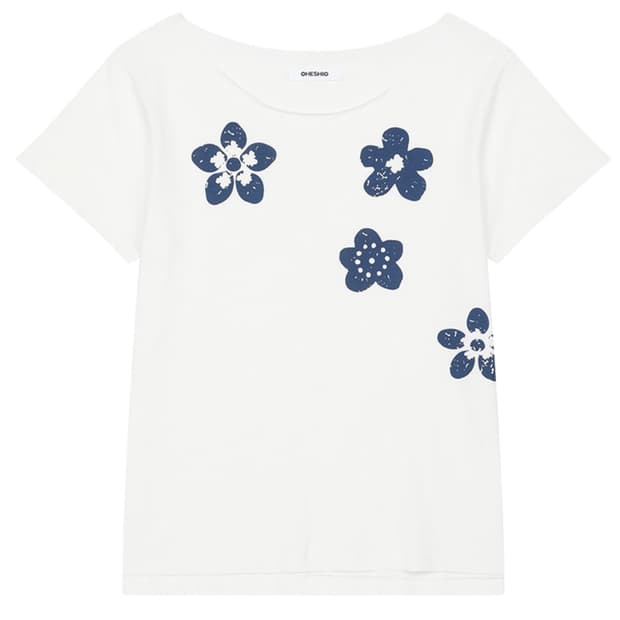 VINTAGE FLOWER SCOOP NECK T-SHIRT, WHITE