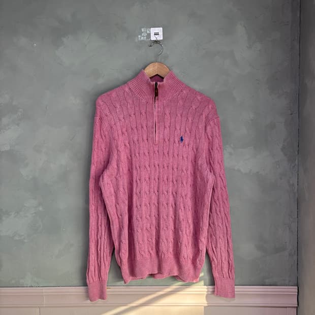 폴로 랄프로렌 꽈배기 니트 반집업 핑크