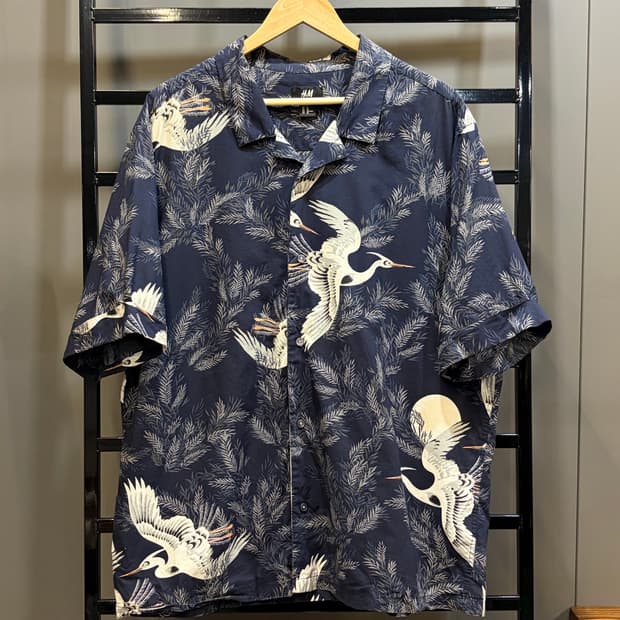 [XL] H&M 학 프린트 오픈카라 반팔 셔츠 네이비 하와이안셔츠 4.9