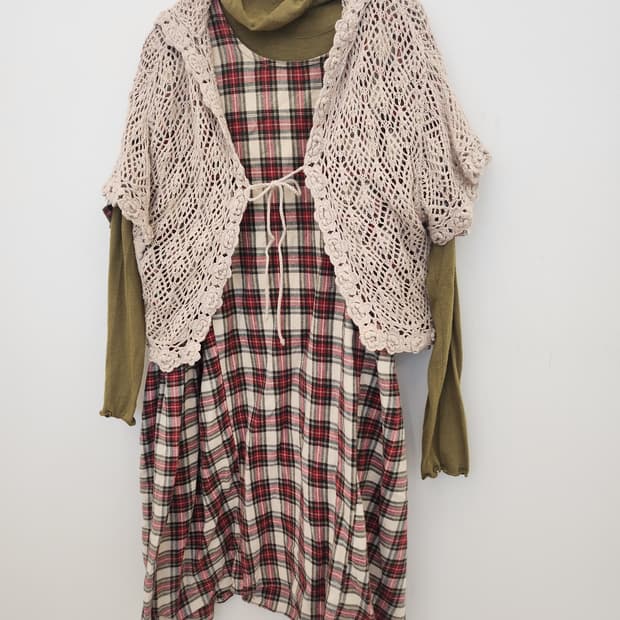 (지구샵)  체크원피스 3종세트 크로셰후드에요~