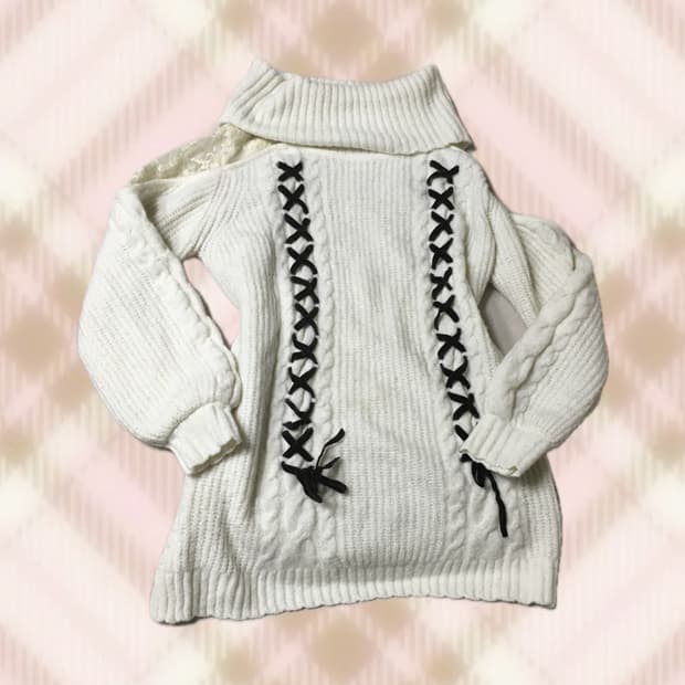 엑시즈팜 꽈배기 아일렛 오프숄더 니트 원피스 라떼 히메 갸루 러블리 로걀