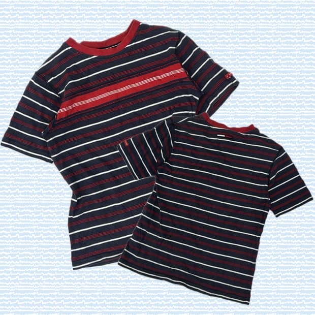 재팬 타미힐피거 단가라 반팔티셔츠  핀터깔 베이직