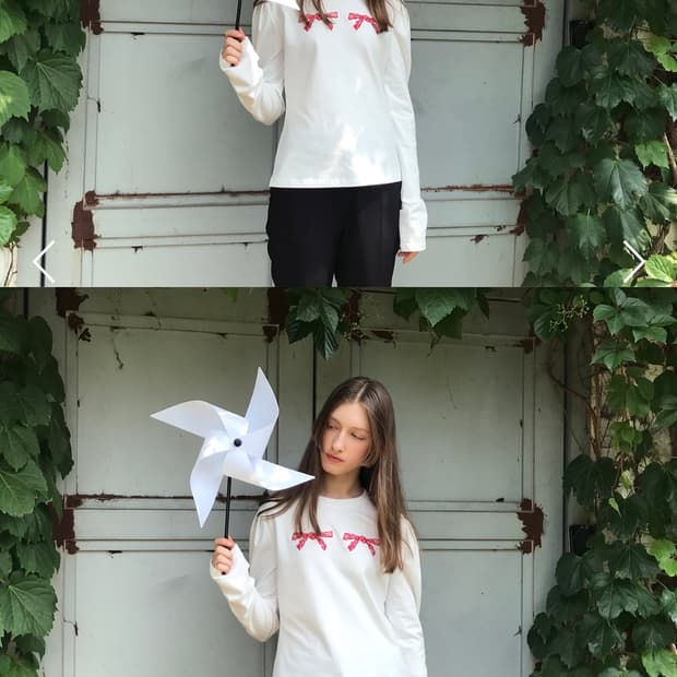 SINOON 시눈 레드 리본 포인트 퍼프 소매 화이트 롱 슬리브 티