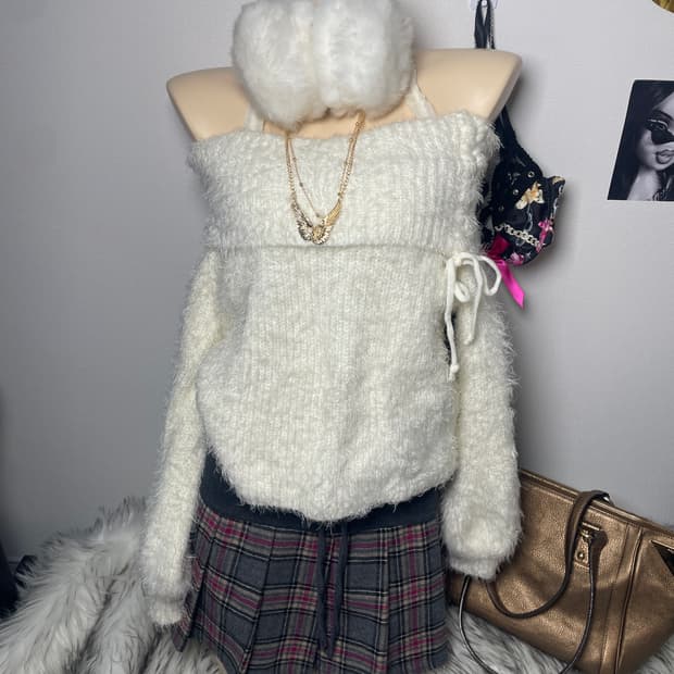 빈티지 화이트 오프숄더 아일렛 니트