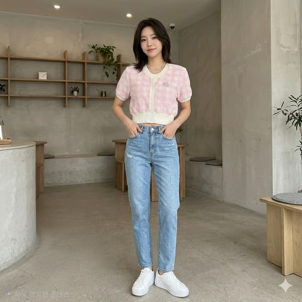 알렉산더왕 핑크 체크 테리 반팔 가디건