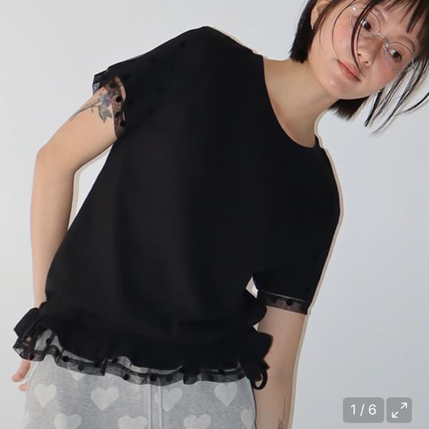 론론 DOT MESH FRILL SHORT SLEEVE T SHIRT B