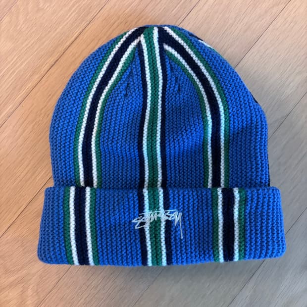 스투시 스트라이프 비니 블루