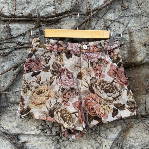 빈티지 자수 플라워 패턴 자카드 하이웨스트 반바지