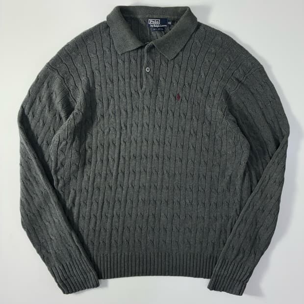 Polo  폴로 랄프로렌 자수 코튼 그레이 카라 꽈배기 니트