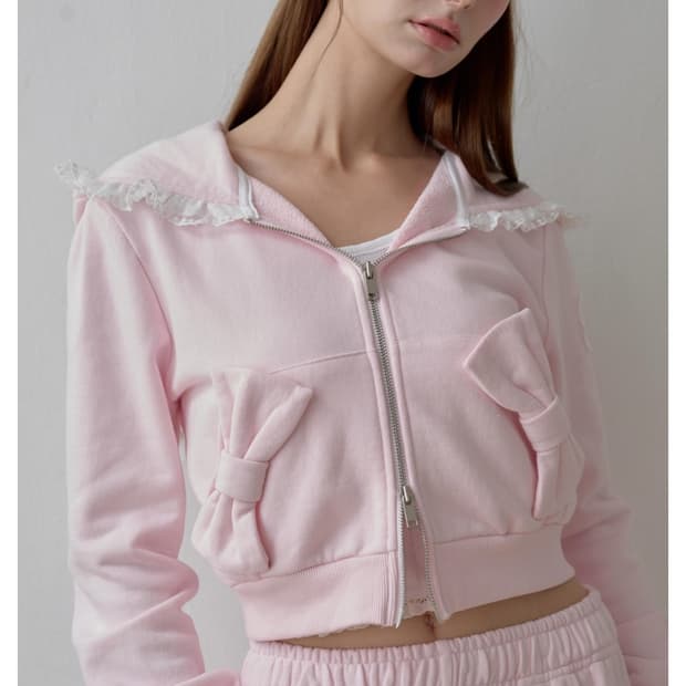 [새상품] 슈네 히메갸루 연핑크 리본 후드집업 발레코어