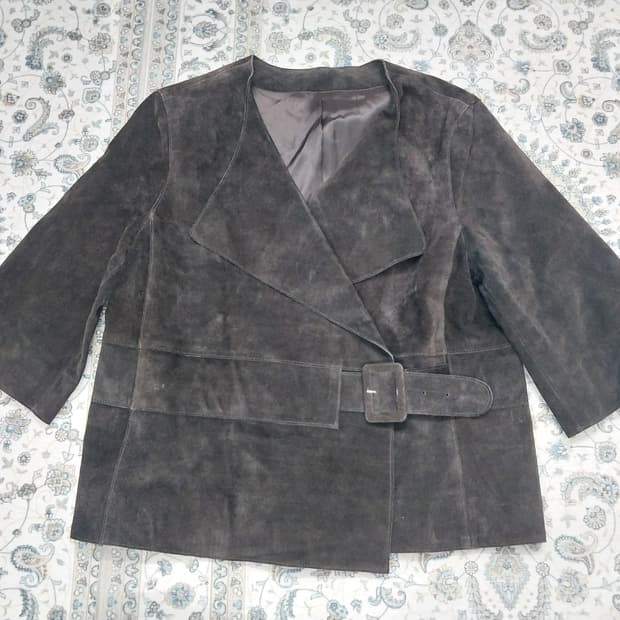 jpn 브라운 스웨이드 송아지 가죽 크롭 벨트 자켓 L