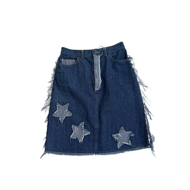 grunge star patch denim midi skirt