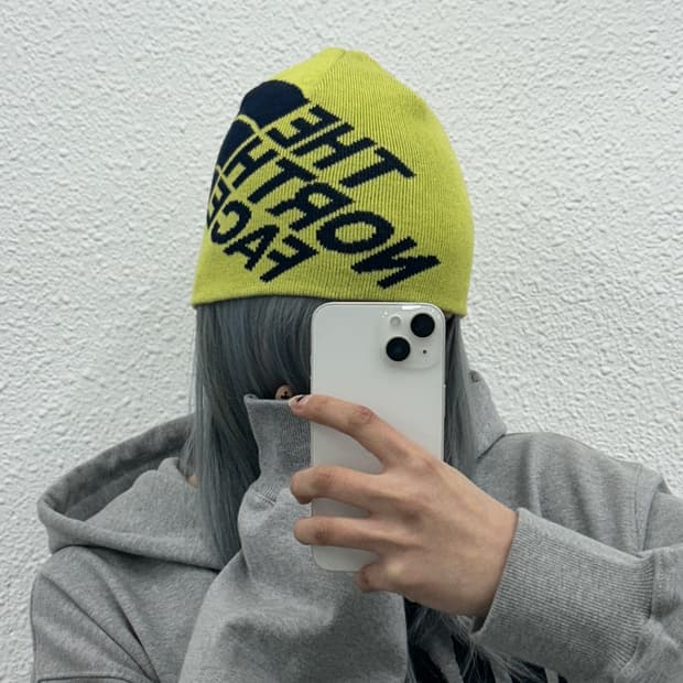 노스페이스 빅로고 네온라임 비니